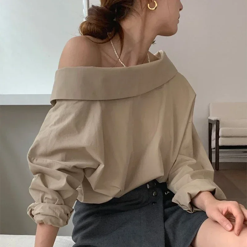 Neploe Korean Style One Line Neck Off Shoulder Design Shirt 2024 Summer Women Loose Casual Versatile Solid Color Long Sleeve Top