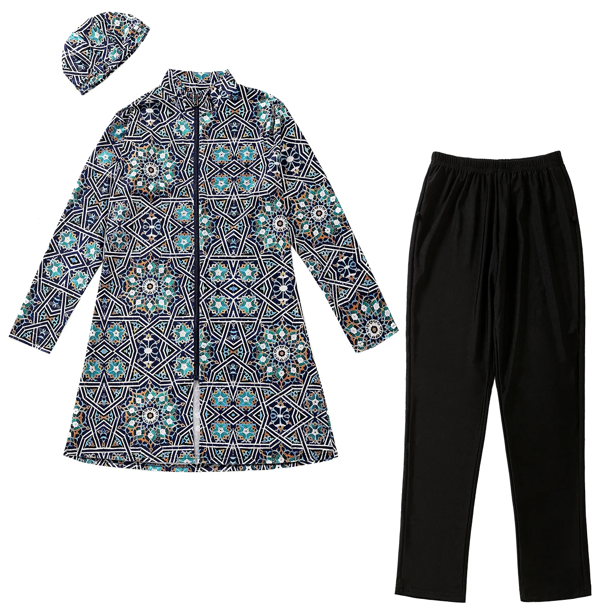 Afbeelding 7: H1024 Moslima's Volledige Bedekking Lange Mouwen Burkini Driedelige Plus Size Geprinte Zwemkleding Set