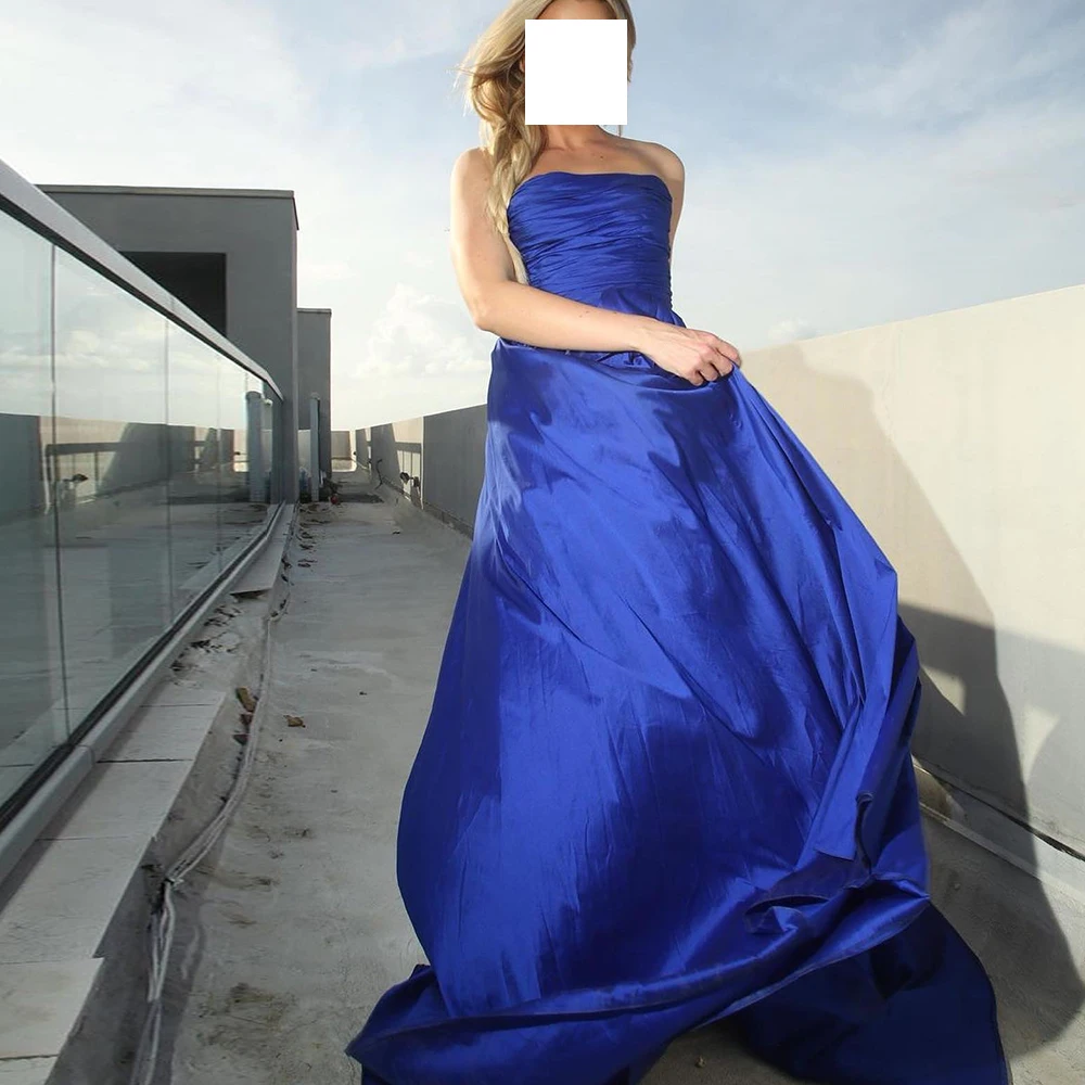 

Blue Elegant Party Dresses Woman Floor Length Pleats Sleeveless Satin Strapless Straight Sweep Train Special Occasion Gowns 2024