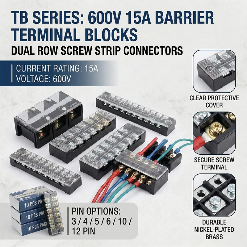 

10PCS 600V 15A Barrier Terminal Block, Screw Strip Connector for Electrical Wiring TB Series TB1503 TB1504 TB1505 TB1510 TB2506
