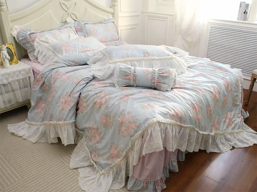 Romantic fairyfair lace blue pink floral bed,fresh flower full queen king cotton home textile bedspread pillow case quilt cover