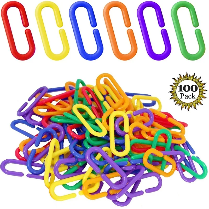 100 Pcs Rainbow C-Clips Plastic Chain Links, Bird Swing & Climbing Chain Cage Toy Clips & Hooks, Suitable for Sugar Glider, Rat