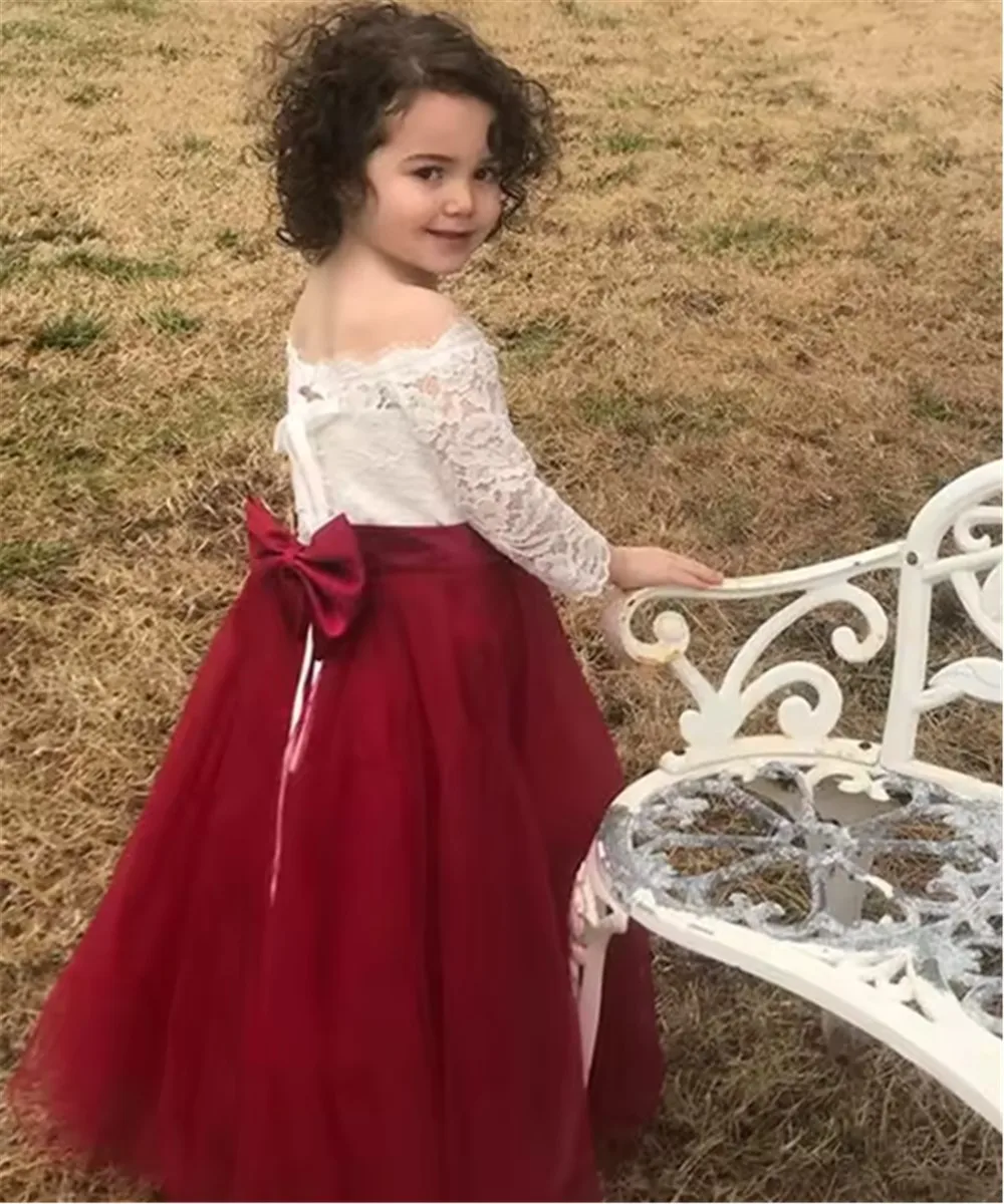 فستان زفاف فتاة الزهور بدون أكتاف مع فيونكة من الدانتيل للأطفال وحفلات أعياد الميلاد وحفلات الكريسماس فستان التواصل الأول #5