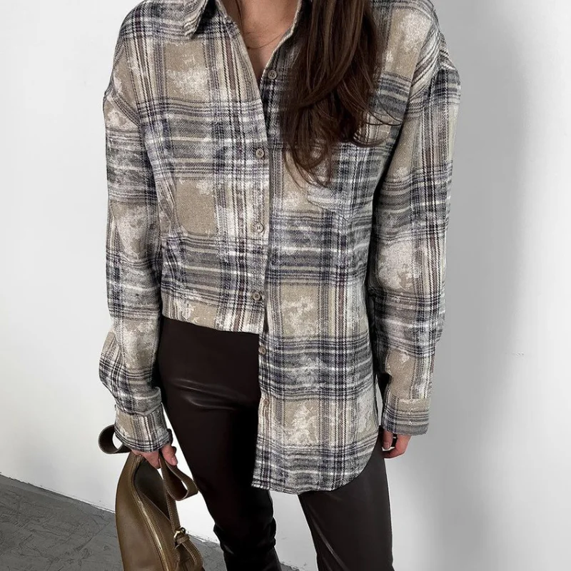 

Европейская и американская ретро свободная хлопковая осенне-зимняя новая клетчатая рубашка с длинными рукавами для женщин