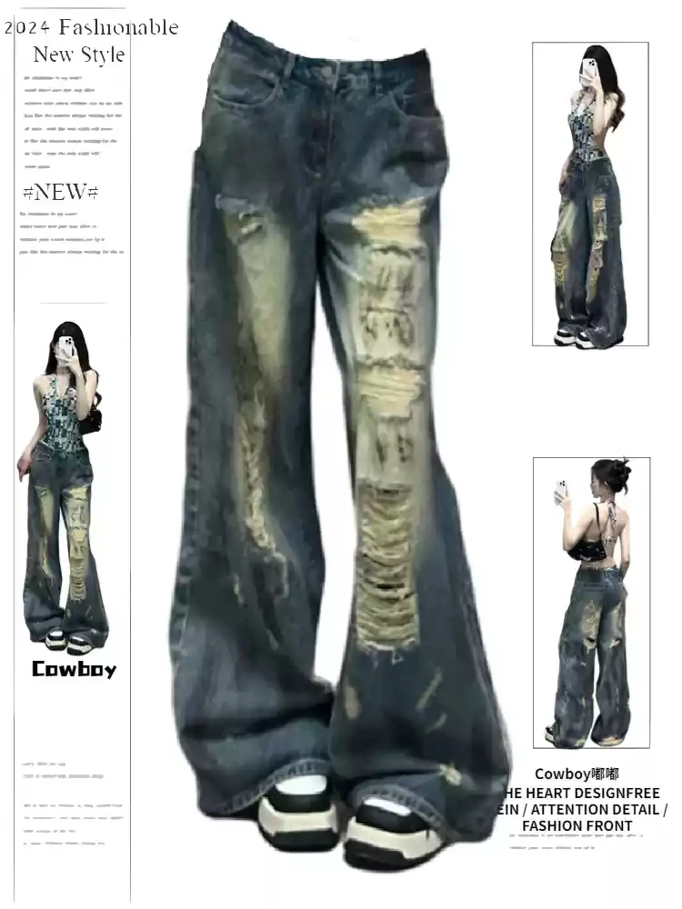

Summer Women's Ripped Flare Denim Pants Baggy Designer Bell Bottom Jeans Goblin Core Long Trousers High Street American Retro