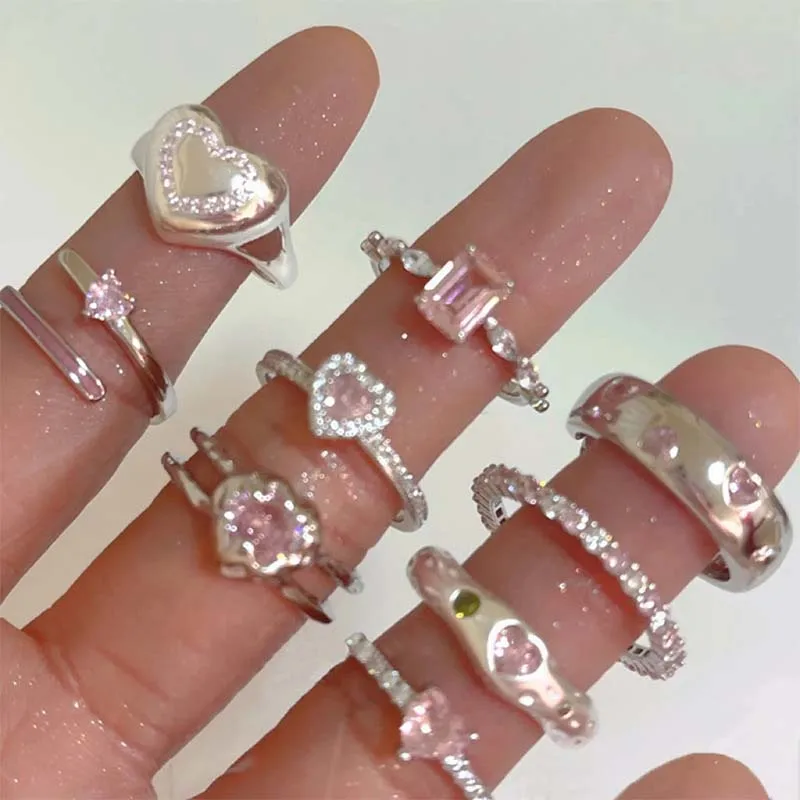 2023 New Pink Crystal Irregular Heart Rings for Women Luxury Exquisite Zircon Bowknot Open Adjustable Ring Y2K Rings Jewelry