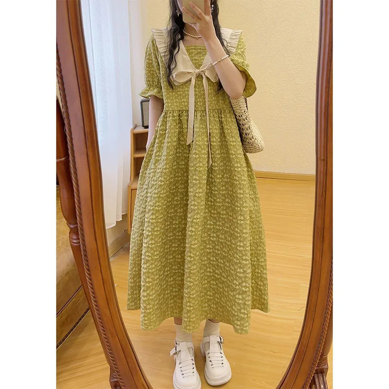 

Sweet Peter Pan Collar Folds Lace Up Bow Princess Dress Female Clothing 2024 Summer New Loose Butterfly Sleeve Casual Dresses