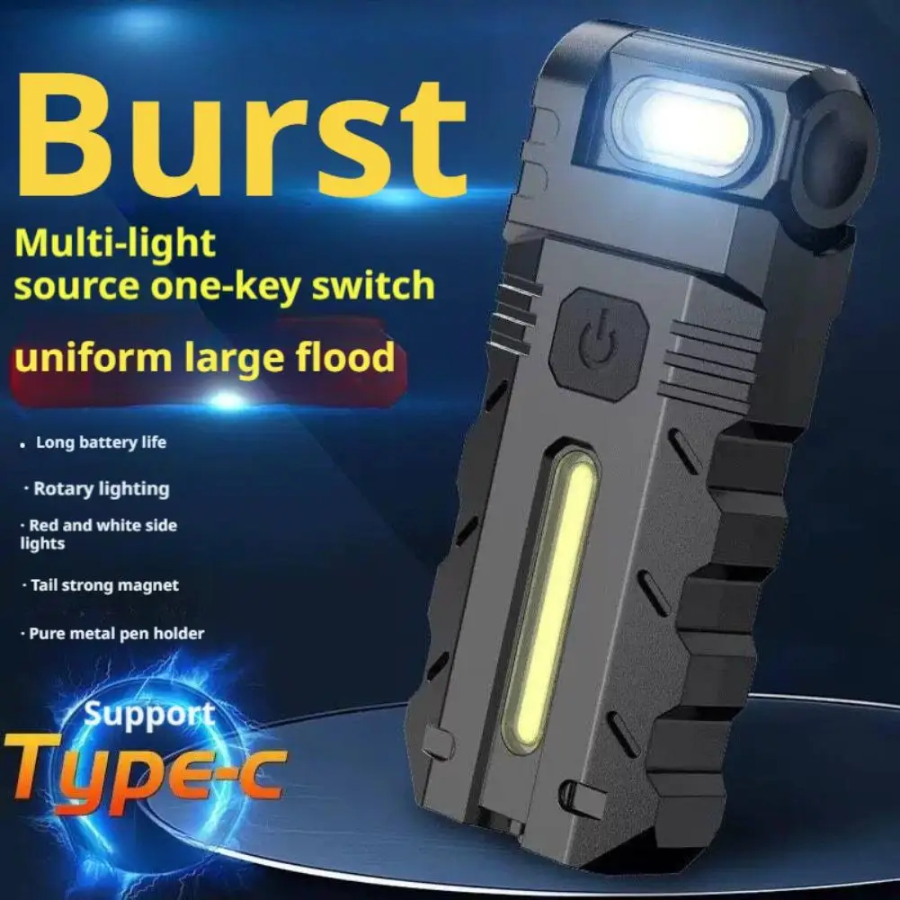 Mini lanterna led recarregável usb, lanterna portátil com ímã traseiro, super brilhante, acampamento, luz lateral cob de emergência