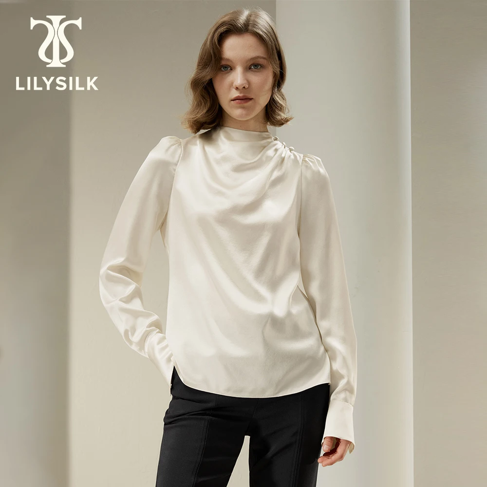 

LILYSILK Silk Blouse for Women 2023 Fall New 22 Momme Puff Sleeve Button Design High Neck Top Office Traf Outfits Free Shipping