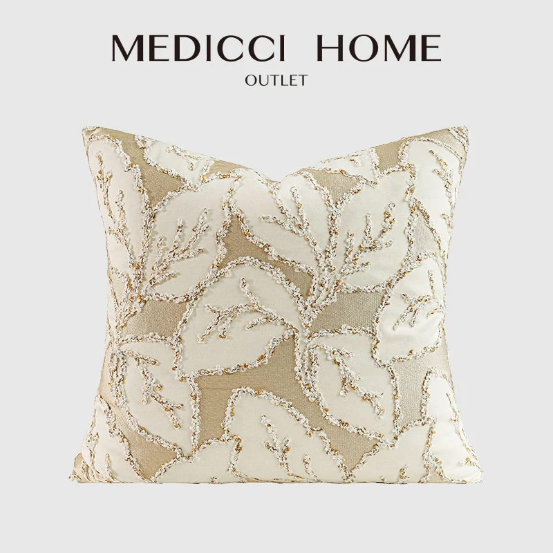Medicci Home Painstakingly Design Throw Pillowcase Luxury Beige Gold Leaf Embroidered Cushion Cover 50x50 For Sofa Couch Bedroom