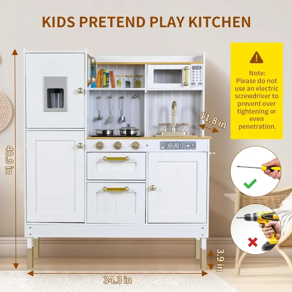 Play Kitchen for Kids, Pretend Preschool Kitchen Sets, Wooden Cooking Playset w/Realistic Light & Sound, Telephone, stove,Fridge