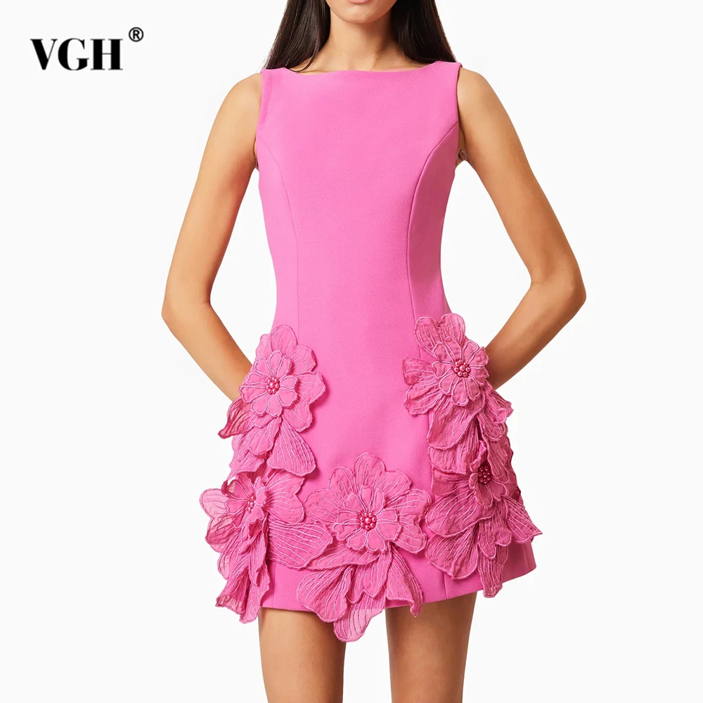 VGH Catwalk Style Patchwork Zipper Dress for Women O Neck Sleeveless Spliced Appliques Solid Mini Dresses Female Fashion Clothes