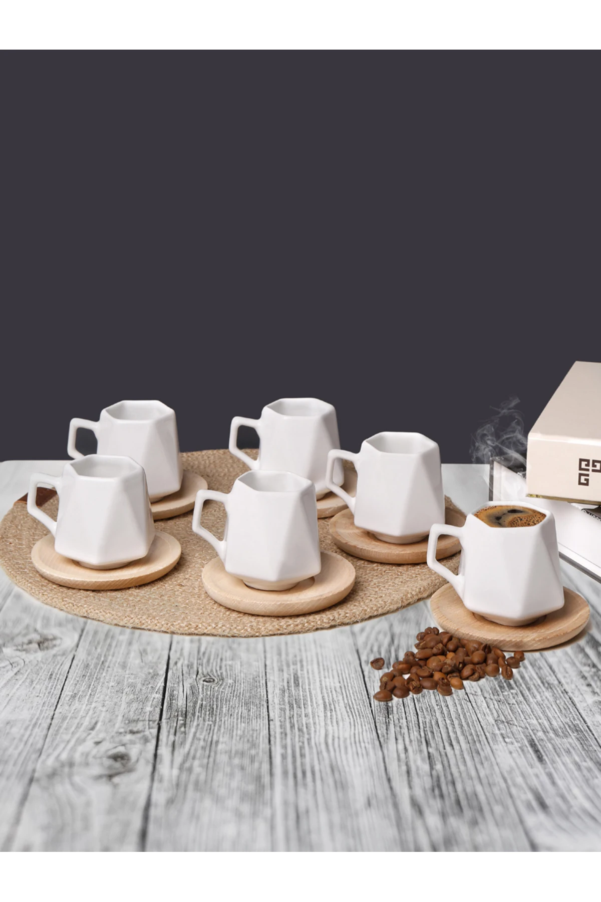 Set of 6 Prism White Coffee Cups with Wooden Saucer Turkish Coffee Set 12 Pieces Luxury Ceramic Coffee Cup Set for 6 People Coff