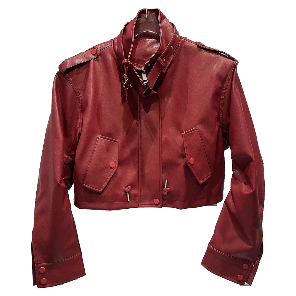 Autumn Winter New Arrival Long Sleeve Buckle Belt Faux Leather Jacket Women Streetwear Stand Collar Hot Girl Red PU Coat Female