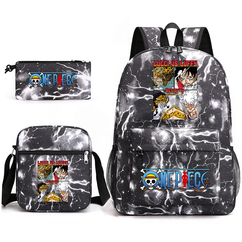 Mochila Escolar con Estampado de Anime de One Piece Luffy, Juego 3 en 1, Bolsa de Hombro, Estuche para Lápices, para Niños y Niñas