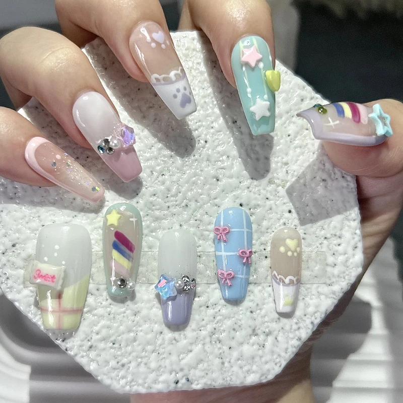 Handmade Wearable Nails Removable Reusable Rainbow Candy Pudding Stars Love Bow Sweet Romantic French Fake Nails