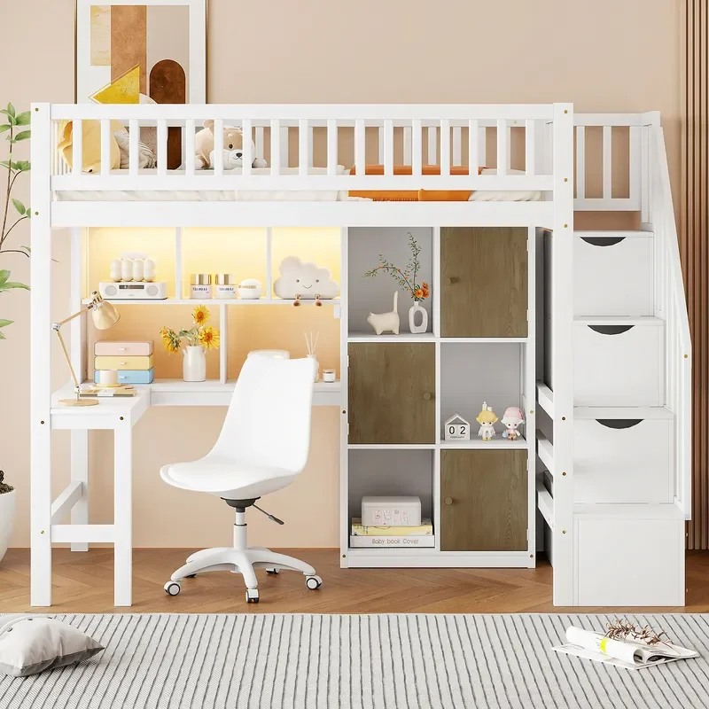 White Solid Wood Loft Bed with Desk Staircase Storage Kids Bunk Bed Space Saving Furniture for Bedroom
