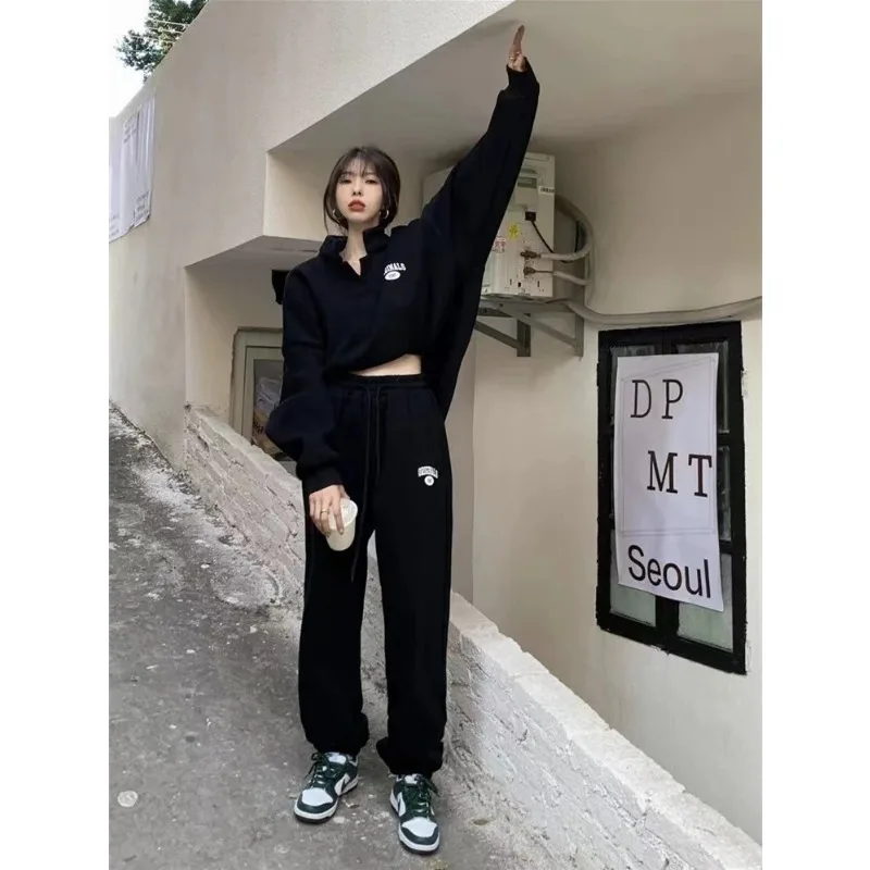 Letter Printed Two Piece Set for Women, Casual Stand Neck,Long Sleeve Sweatshirts, Female Fashion Oversized Trousers Suit, Autum