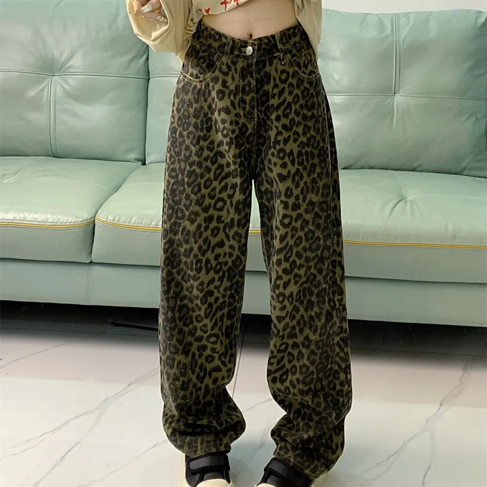 

Y2k Leopard Printing Baggy Jeans for Women Trousers High Waist Loose Causal Wide Pants Harajuku Vintag