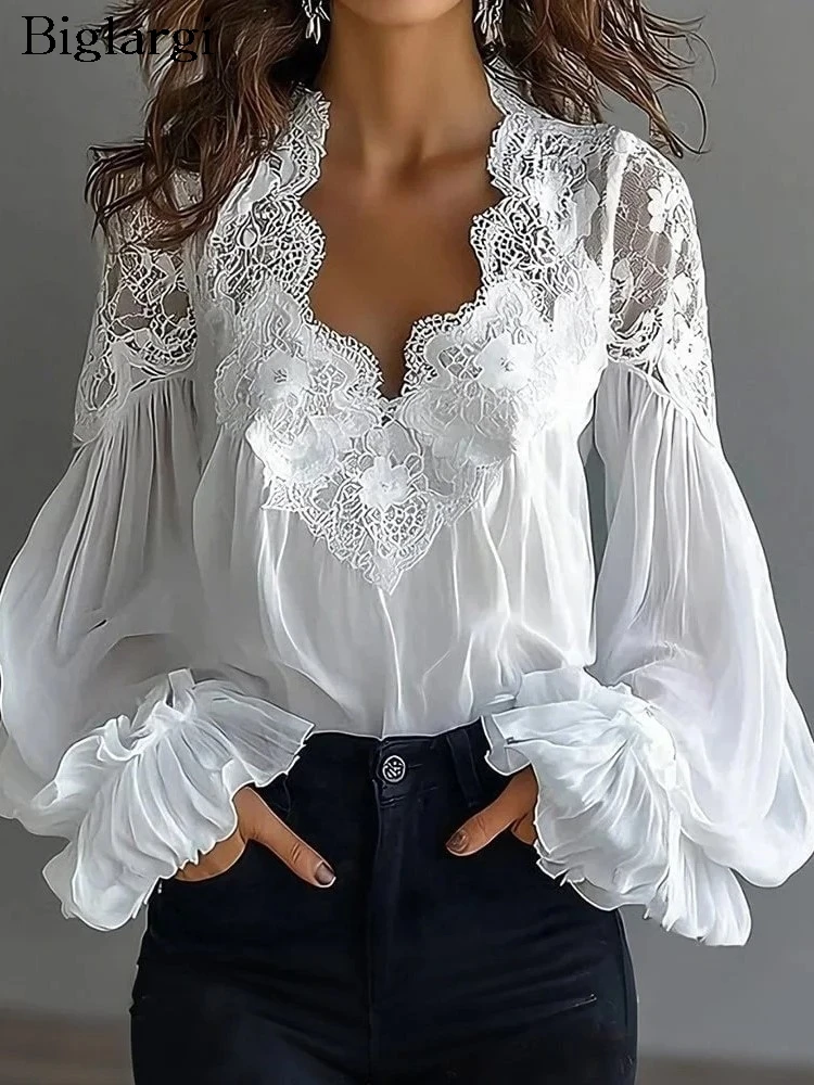 

Summer Spring Lace Blouse Pleated Shirt Women Modis V-neck Sexy Puff Sleeve Ladies Blouses Elegant Woman Shirts New 2026
