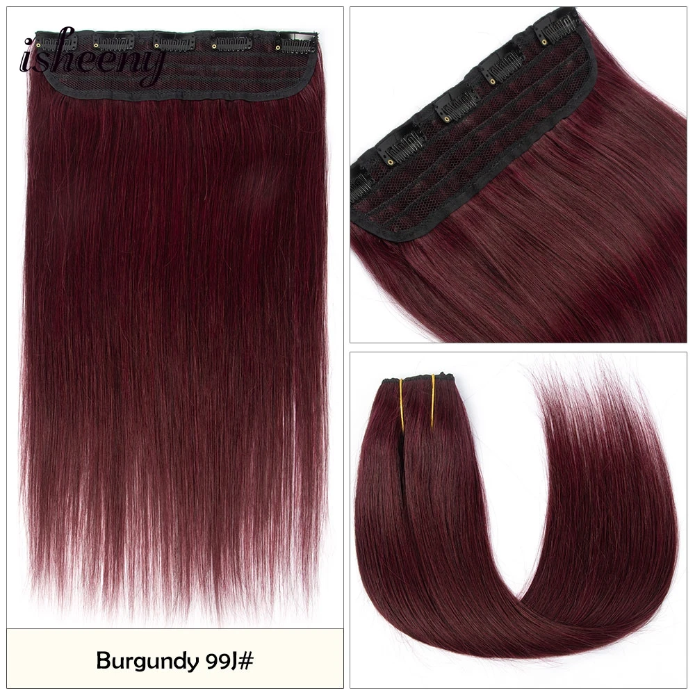 مشبك من قطعة واحدة من Isheeny في الشعر البشري 14-22 بوصة خفيف الوزن ومشبك طبيعي حقيقي في وصلات الشعر الخياطة في اللحمة مع مشابك على #5