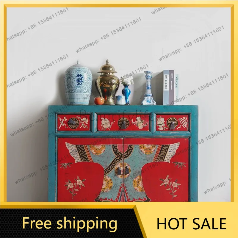 XX. New Chinese solid wood hand-painted dining side cabinet retro and old entrance tea cabinet