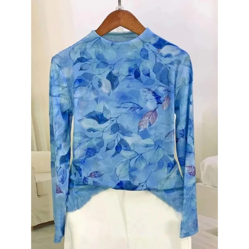 

Long-sleeved Stylish Mesh Printed Bottoming Shirt for Women Half Turtleneck Slim Fit Pullover Top