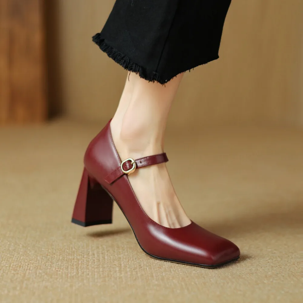 Plus Size 40 Women Leather Shoes Square Toe Mary Janes Shoes Red Girls Student School Shoe High Heel Lolita Shoes Dress Shoe