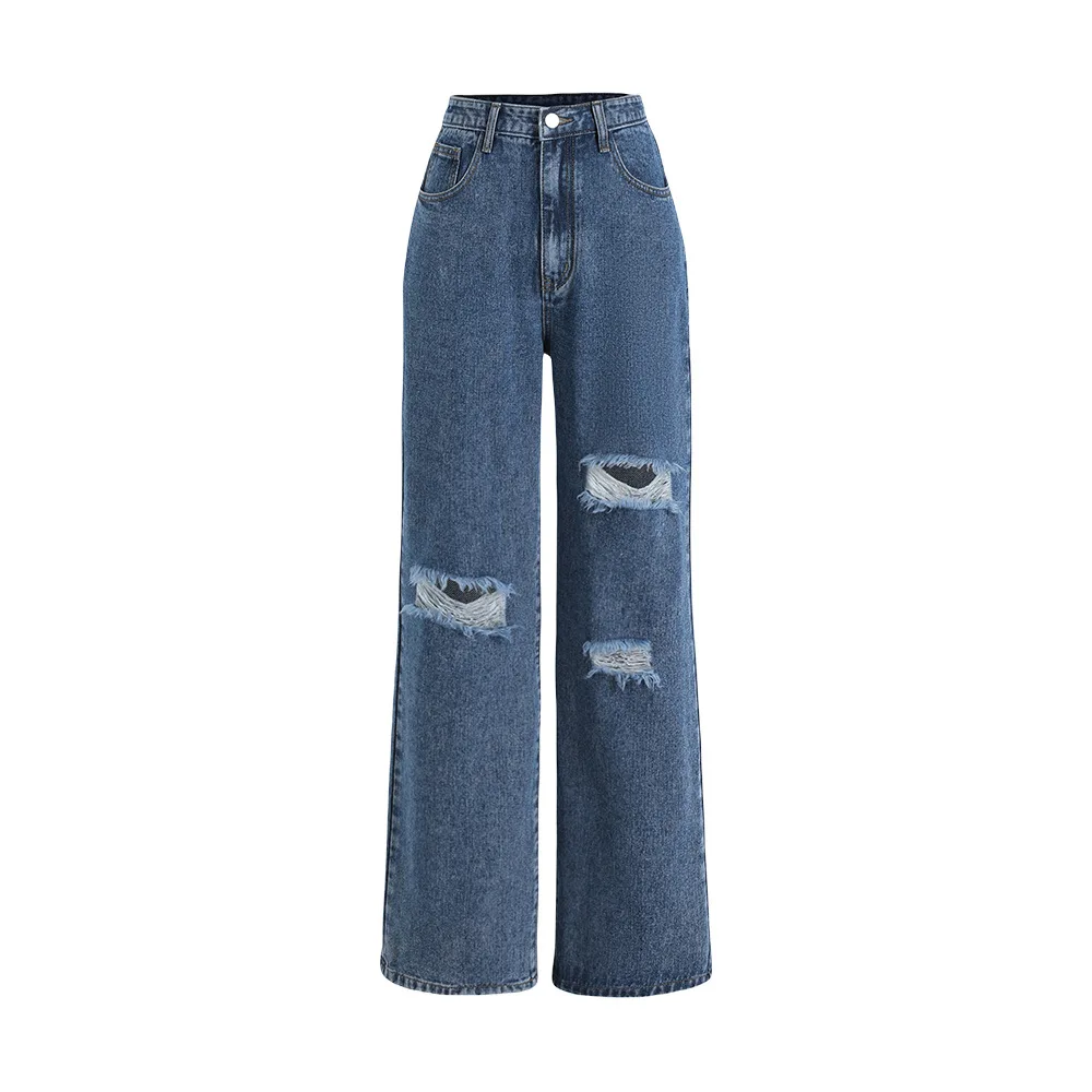 Jeans Donna Pantaloni dritti lavati strappati blu da donna