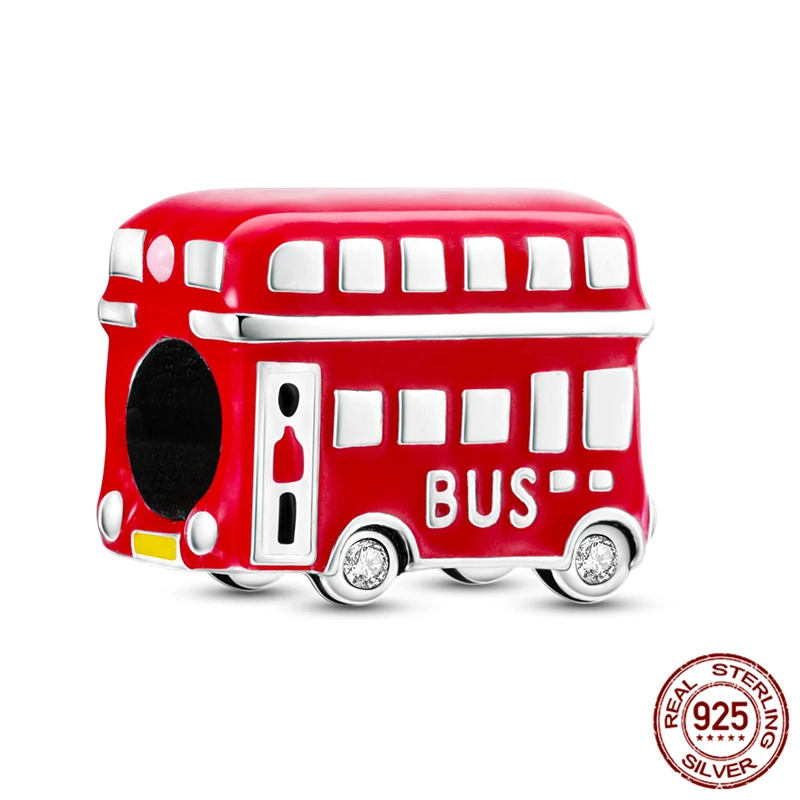 ลูกปัดจี้รูปรถบัสและรถไฟเงินแท้ 925 พร้อมสร้อยข้อมือแท้ - ของขวัญเครื่องประดับ DIY สำหรับผู้หญิง
