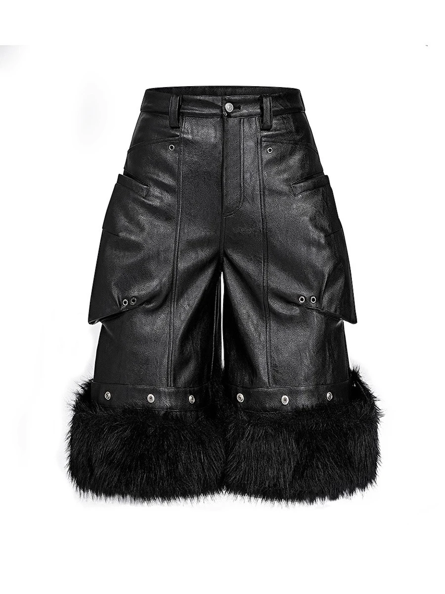 Mauroicardi Autumn Black Faux Fur Patchwork Pu Leather Shorts for Men Three-dimensional Pockets Luxury Designer Emo Clothes 2025
