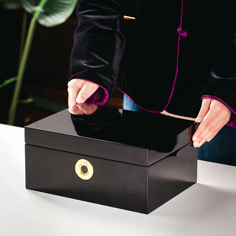 Modern Portable Black Timber Rectangle Watch Box with Advanced Fingerprint Lock for Jewelry and Valuables Storage
