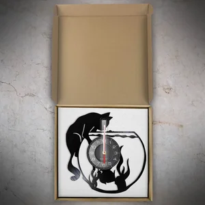 Cat Catching Fish Art Reloj de pared de cuarzo silencioso para sala de estar Cat in Fish Bowl Vinyl álbum Registro de discos reutilizado Reloj Retro 8 mejores gatos de reloj de ventas - №6