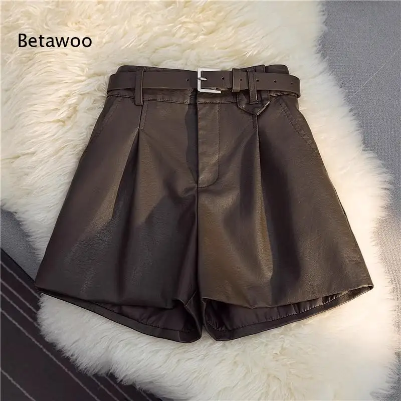 Women High Waist Pu Leather Shorts with Belt Pleated A Line Loose Fit Casual Outer Wear Short Pants
