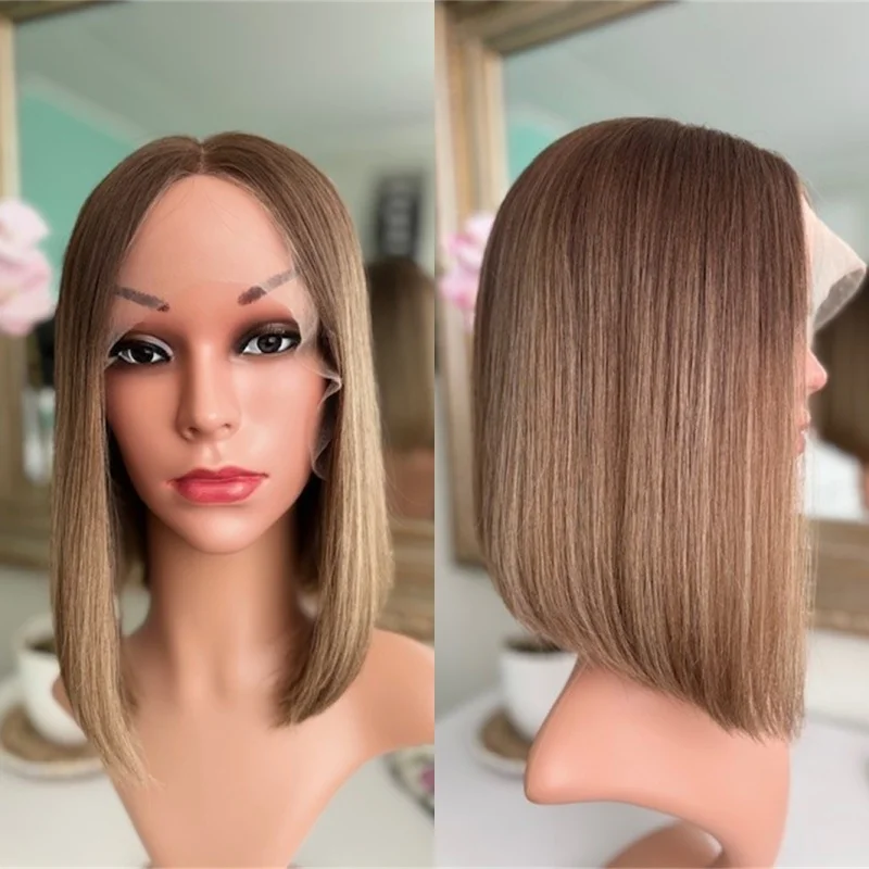 

Короткие прямые боб Ombre Карамельно-коричневые бесклеевые парики Высококачественный синтетический парик фронта шнурка для женщин Натуральная бесклеевая линия волос