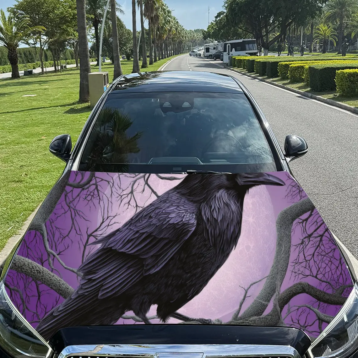 

Vibrant Crow in a Purple - hued Darkness PVC Car Engine Hood Vinyl Wraps, Self-Adhesive Waterproof Car Hood Decal Sticker, Car D