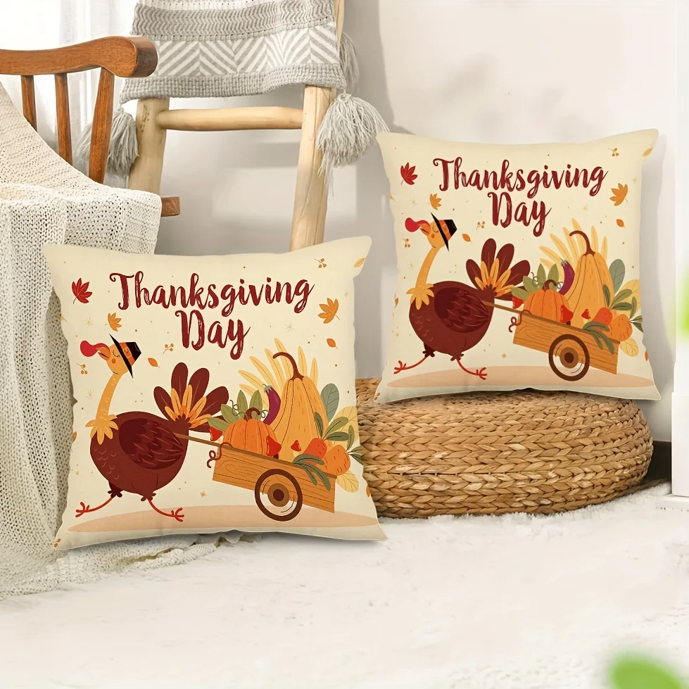 2pcs Vintage Thanksgiving Harvest Pumpkin Turkey Pillow Covers, Polyester, Zipper Closure, Machine Washable, for Bed, Sofa
