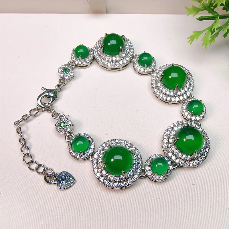 

New Chinese Style Cabochon Emerald Green Chalcedony Bracelet, Natural Agate Jade Bangle, Adjustable, Factory Wholesale In Stock