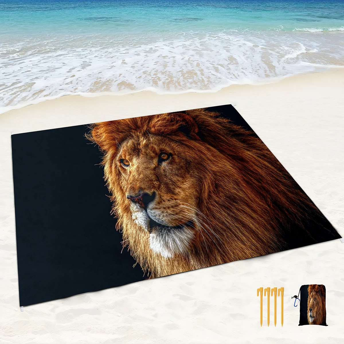 Beach Blankets Sand Proof Ferocious Lion Print Lightweight Rugs with Corner Pockets and Mesh Bag for Beach Party,Travel,Camping