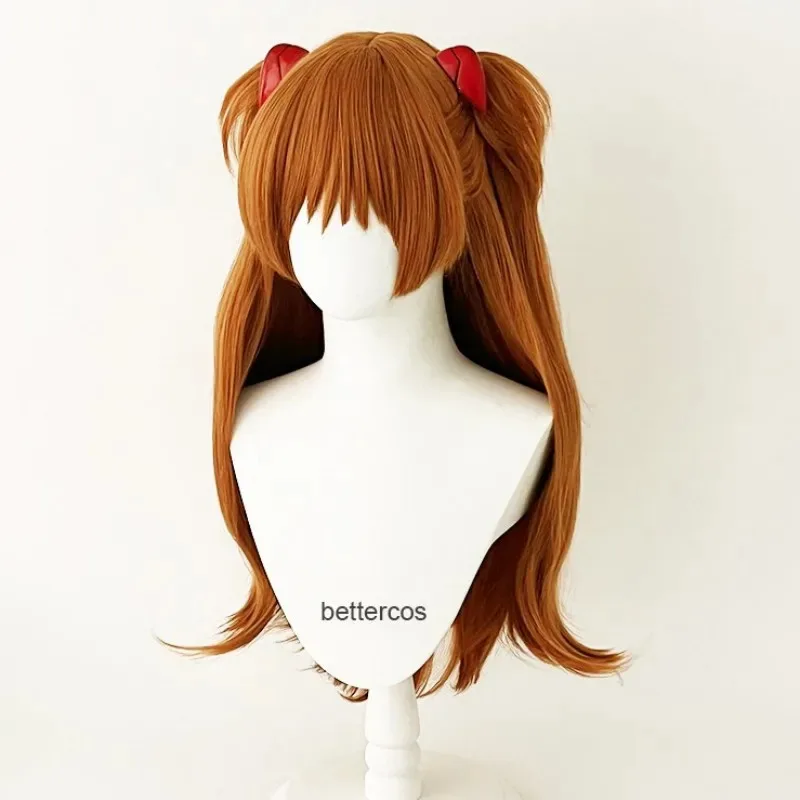 Pelucas de Cosplay EVA Asuka Langley Soryu de alta calidad, largas naranjas con 2 Clips de cola de caballo, peluca de pelo sintético resistente al calor, gorro de peluca