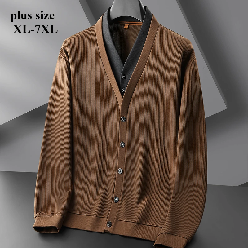 62.8% cotton, striped V-neck fake two-piece design long-sleeved T-shirt men's autumn fashion plus size top XL-7XL.