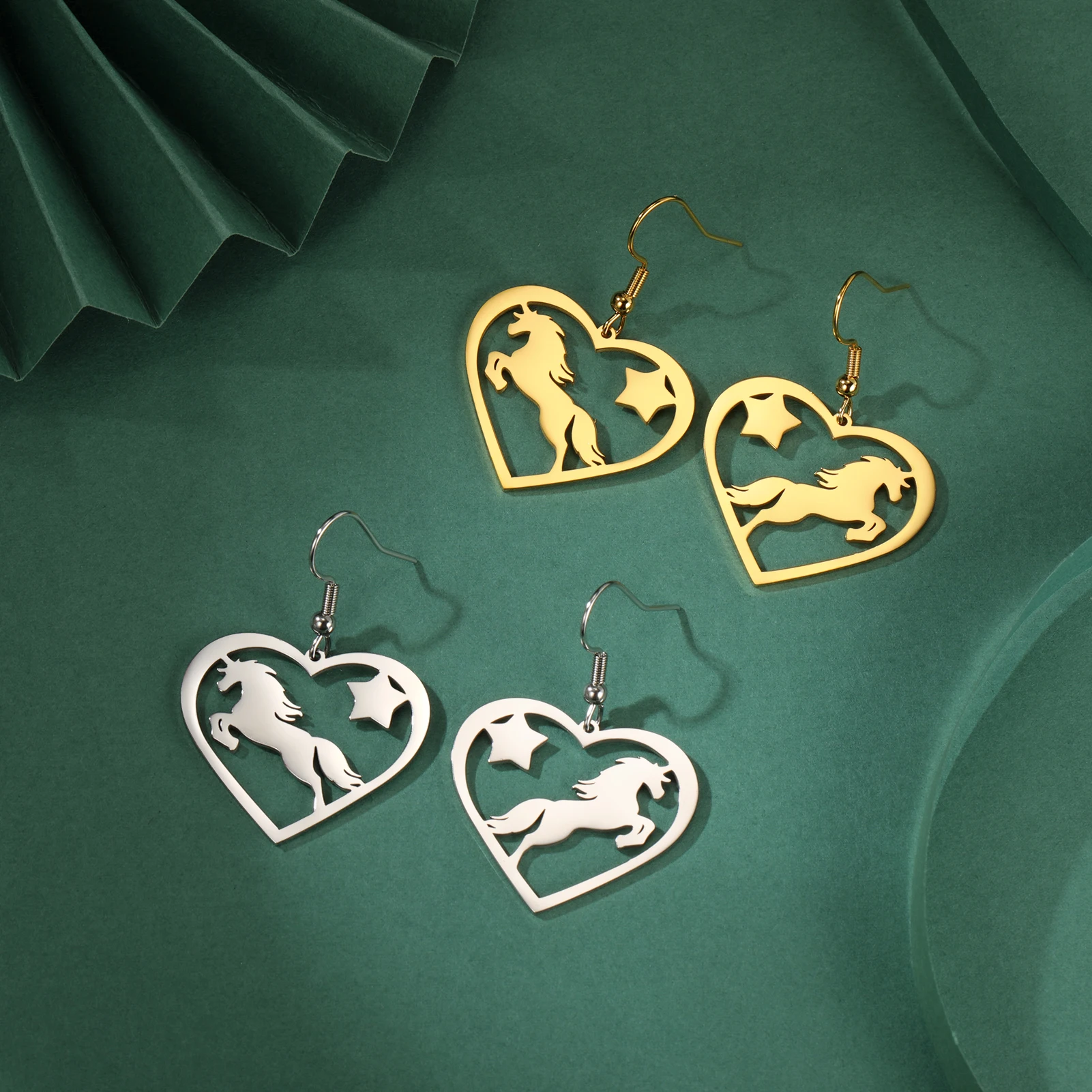 Cazador Pferdeherz-Anhänger-Ohrringe für Damen, Edelstahl, goldfarben, Tierschmuck, Ohrringe, Geburtstag, Valentinstag, Geschenk – Detail 10