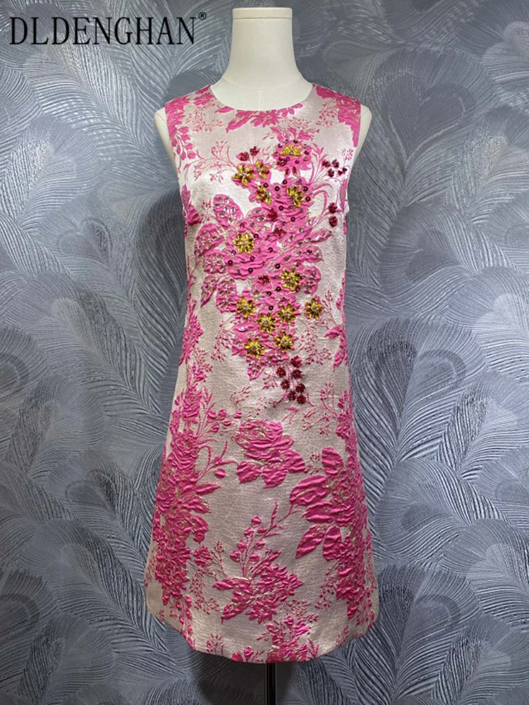 

DLDENGHAN мини-платья с кристаллами и бриллиантами для женщин, жаккардовые винтажные платья без рукавов с круглым вырезом, модные весенние новые платья