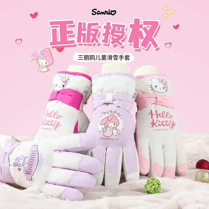 

New Hello Kitty Children's Ski Gloves Kuromi Waterproof and Non-Slip Fall and Winter Thickened Padded Warm Cartoon for 5-12 year