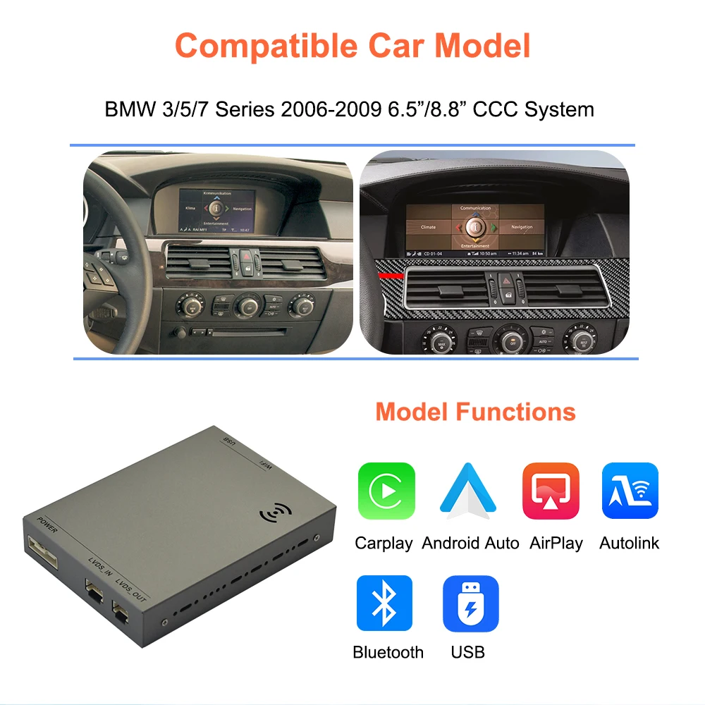 Bonroad ワイヤレス Carplay Android Auto デコーダーボックス BMW 3/5 シリーズ E60 E61 E90 E92 2006-2009 CCC システムインターフェース Airplay