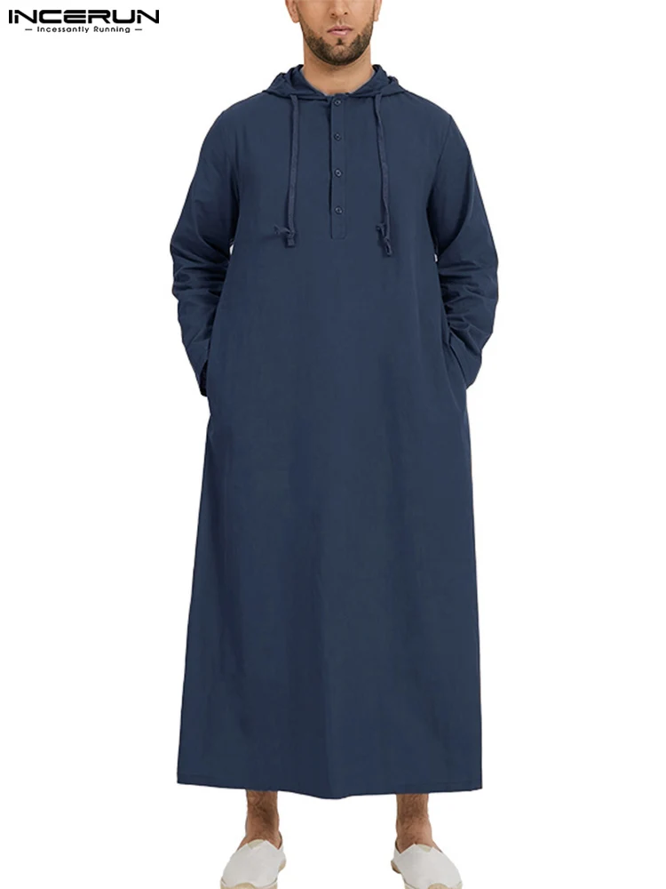 INCERUN – Robe islamique Jubba Thobe à manches longues, chemises à capuche, Kaftan arabe saoudien, vêtement Long Jubba Thobe pour hommes musulmans