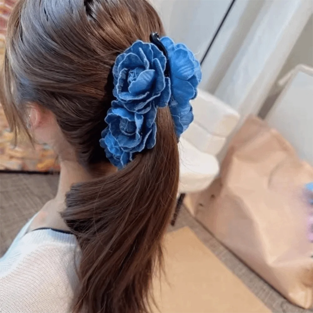 

Elegant Denim Blue Flower Banana Clips Korean Style Plastic Women Vertical Clip Cloth Camellia Floral Twisted Hair Clip School