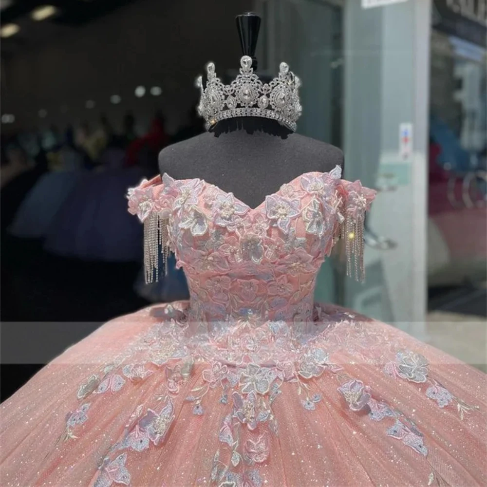 Aangepaste Sparkly Prinses Roze Quinceanera Jurken Baljurk Sweet 16 Kralen Pailletten Applicaties Kwasten Verjaardag 15e Partij