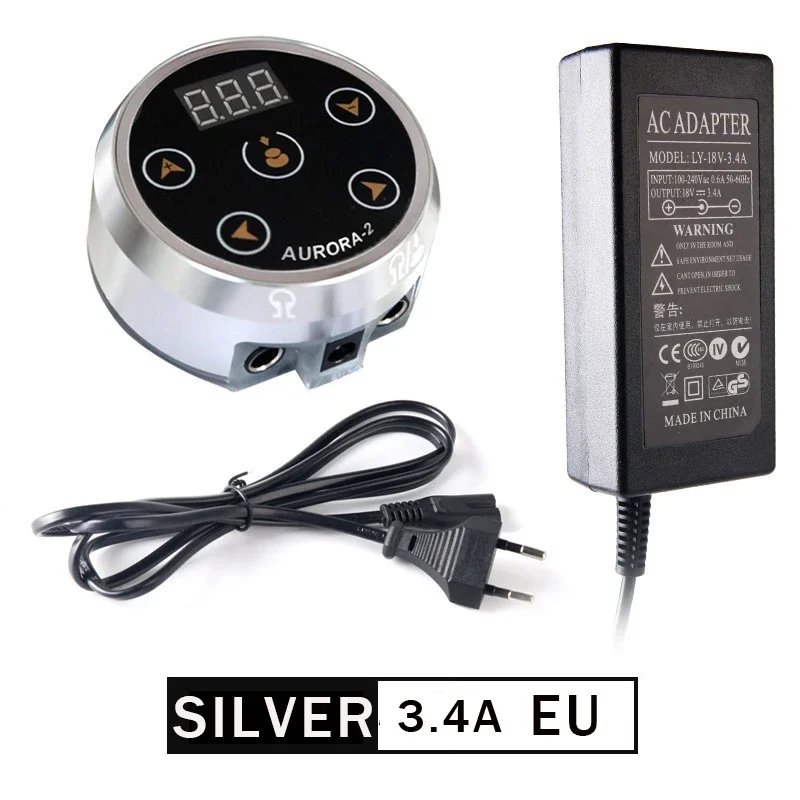 Aurora 2-Tattoo-Netzteil, Upgrade der digitalen LCD-Stromversorgung mit Adapter für Spulen- und Rotations-Tattoo-Pistolenmaschinen, Dual-Eingangsleistung