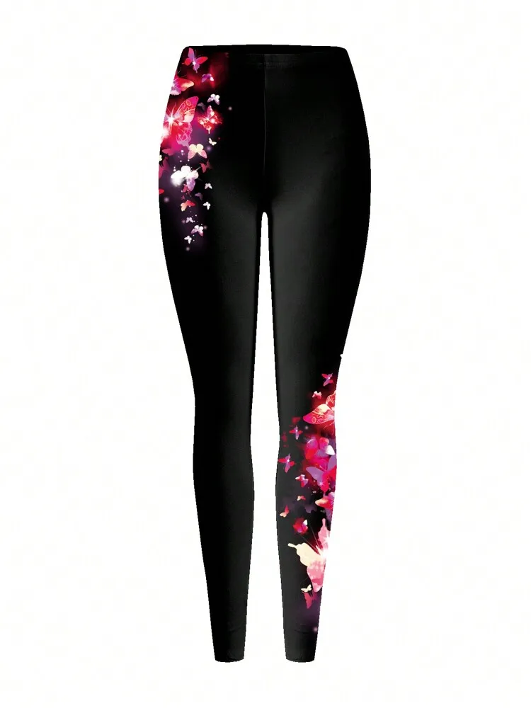 Butterfly print elastic elastic waist slim casual leggings women wear every day